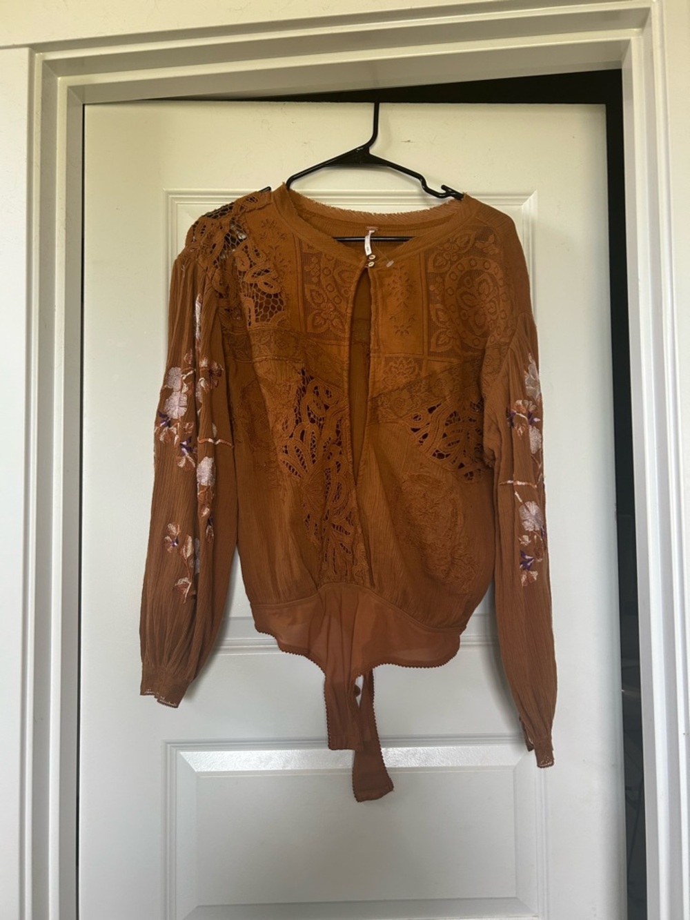 Free People Rust Embroidered Tie-Front Blouse